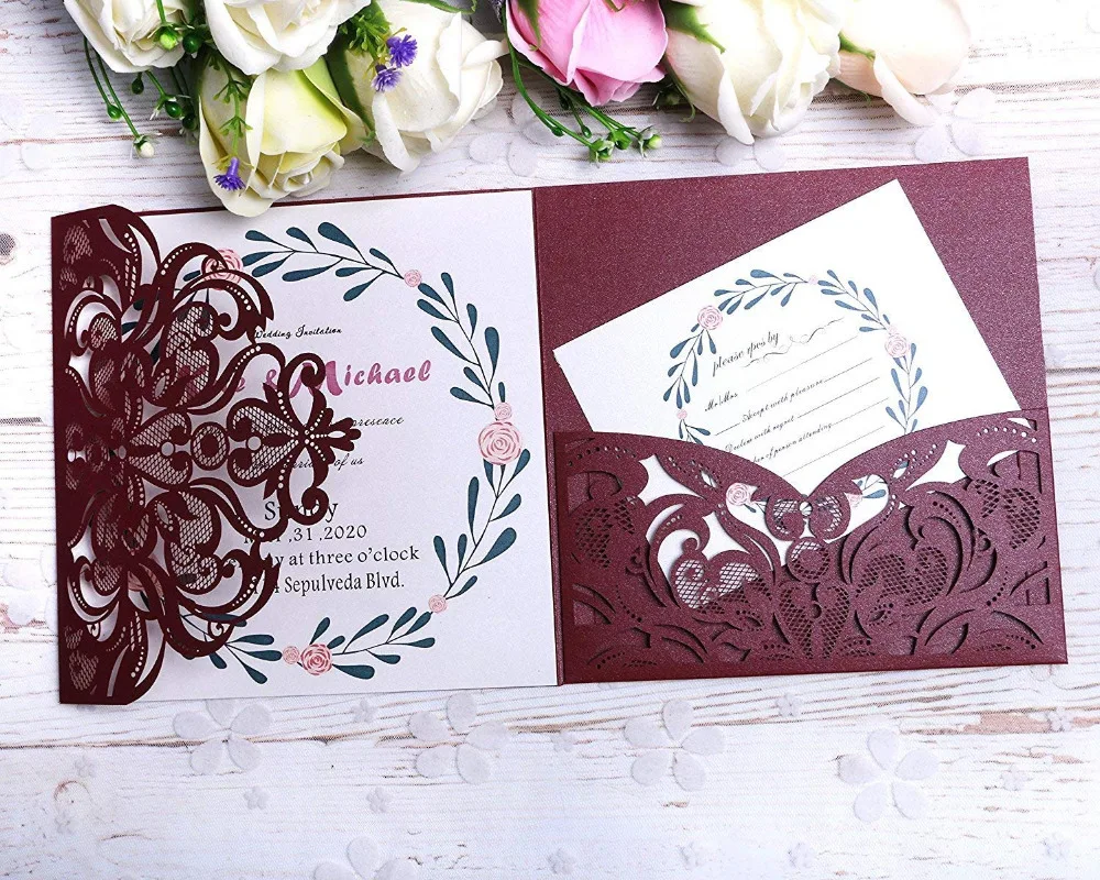 Ponatia Carte D Invitation Pliable Avec 3 Cartes De Vœux De Mariage Anniversaire Fiancailles Cartes Rsvp Gratuites Bordeaux Aliexpress