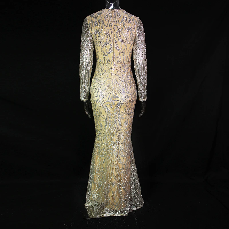Элегантные платья макси Серебристые блестящие вечерние платья с круглым вырезом с полыми рукавами блестящие платья длиной до пола