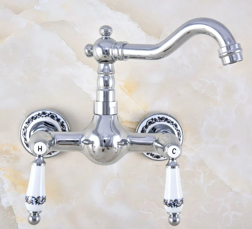 Polished Chrome Brass Wall Mount Kitchen Sink Faucet Swivel Spout Mixer Tap Dual Ceramics Handles Levers anf568