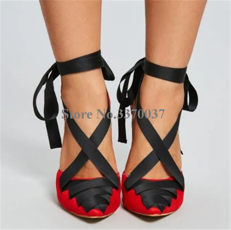Дизайн Для женщин модные острый носок туфли-лодочки красного цвета из замши кожаные тонкие туфли-лодочки на каблуке, со шнуровкой, туфли на высоком каблуке с ремешком на щиколотке клуб Туфли под платье