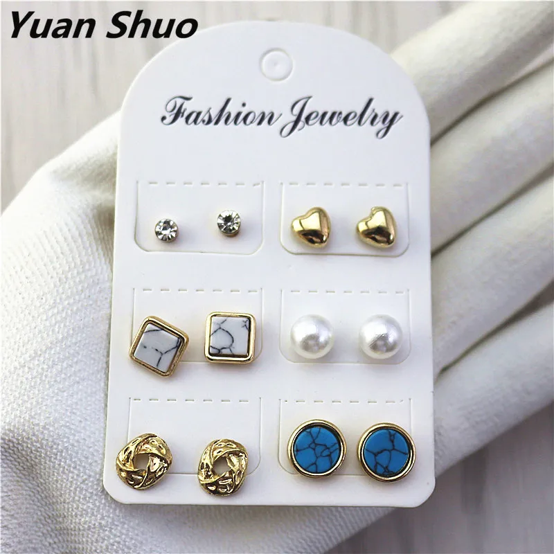 

2019 New 6 pairs of earrings per card geometric alloy inlaid stone round frosted ball peach heart combination