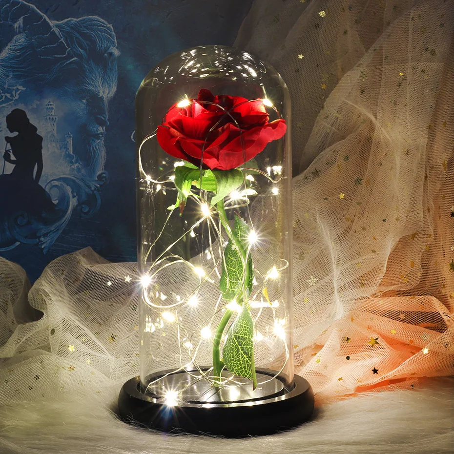 Совершенно новые красавицы и звери Позолоченные синие розы со светодиодными огнями в стеклянном куполе подходит для свадебной вечеринки подарок на день Святого Валентина
