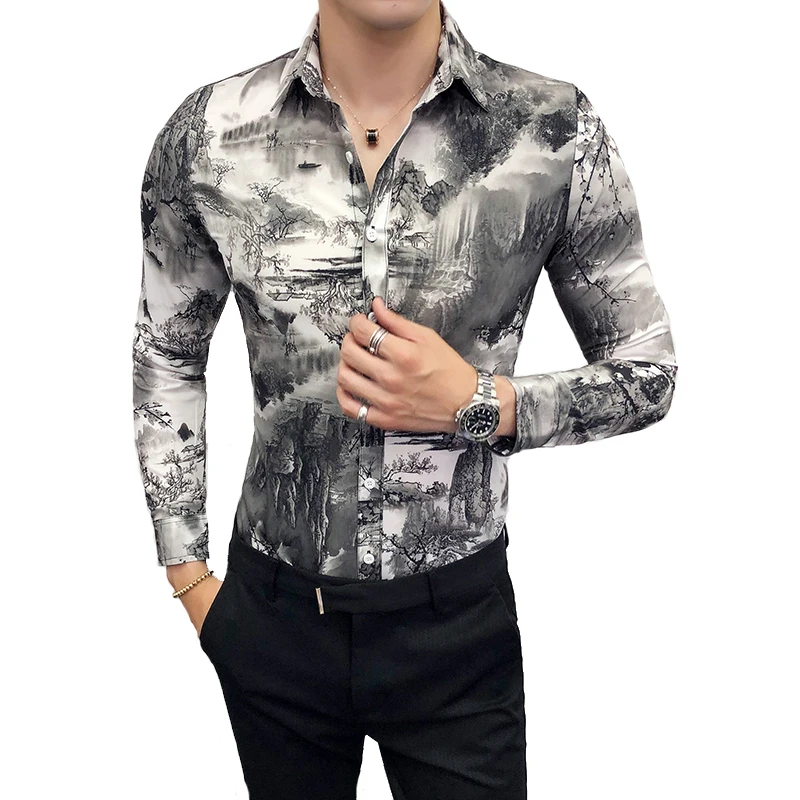 

2019 Spring and Autumn New Boutique Fashion Landscape Painting Flower Printing Men's Casual Long-sleeved Shirt Male Slim Shirts