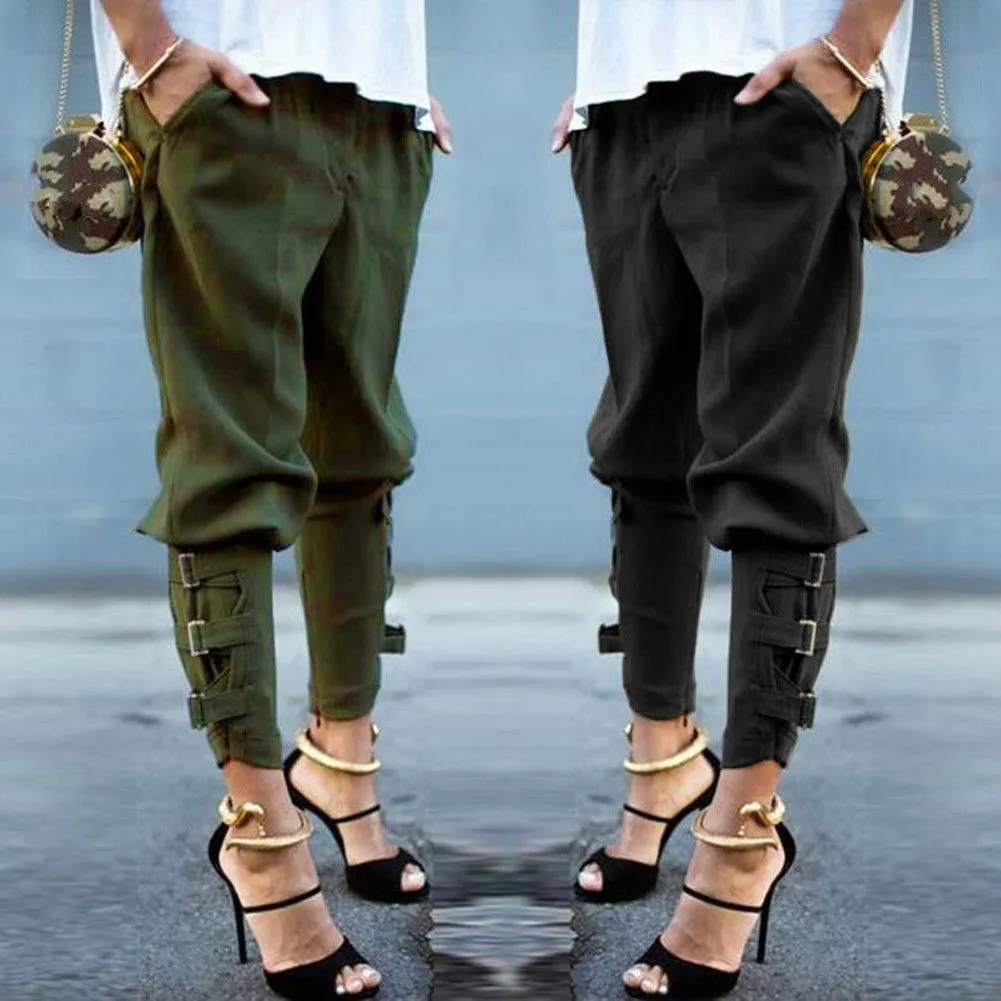 

Women High Waist Casual Elastic Waist Long Pants Harem Pants Ladies Black Army Green Pure Color Loose Trousers