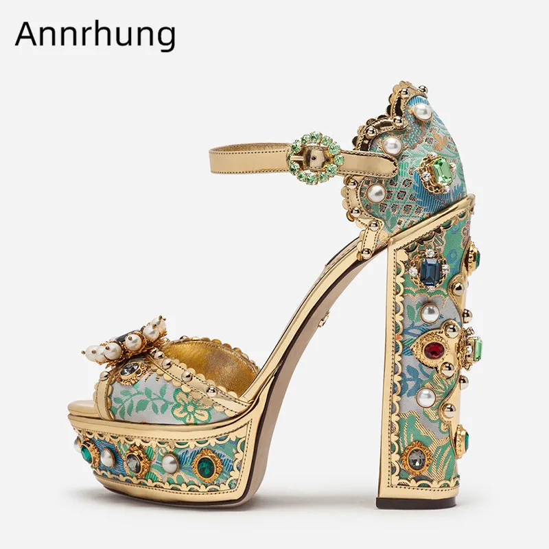 

Studded Jewelled High Heels Embroidery Platform Sandals Women Chunky Heel Crystal Buckle Shoes Rhinestone Pearl Flower Sandalias