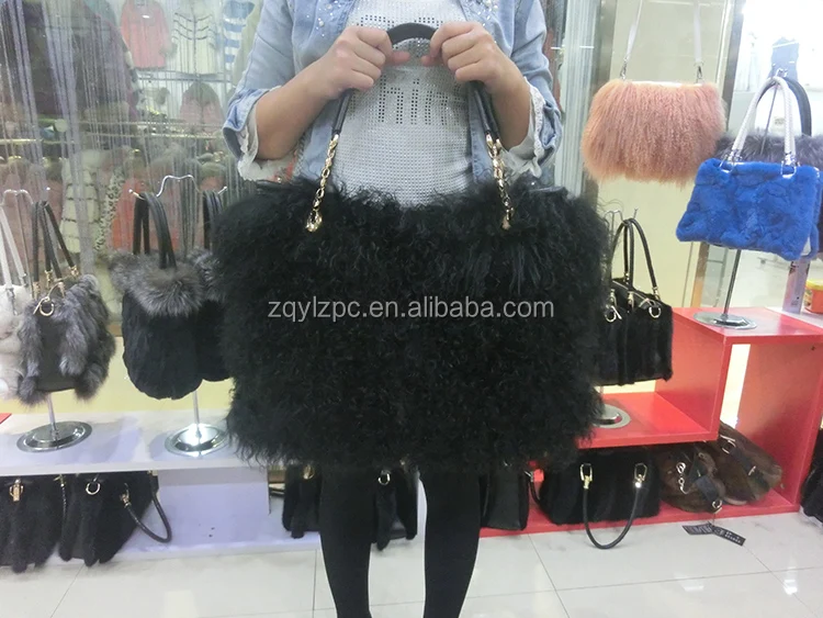 Wholesale Price Ladies White Sheep Fur Handbag / Real Fur Bags