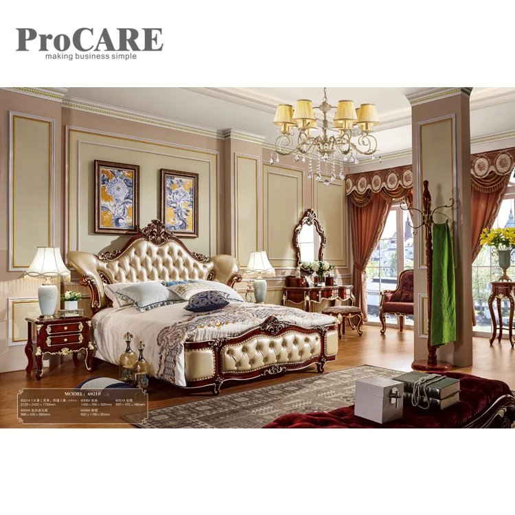 luxury European style wooden antique bed with wood frame, leather furniture beds - 6021