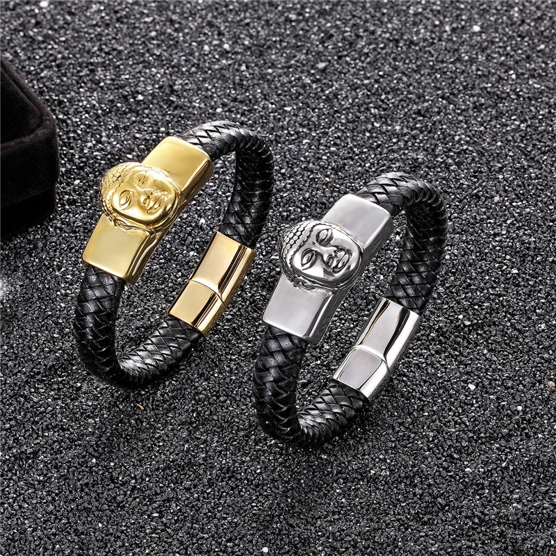 PunkStyle Geunine кожаный браслет Будда мужские ювелирные изделия мужские браслеты из нержавеющей стали с изображением Льва орла браслеты для мужчин femme