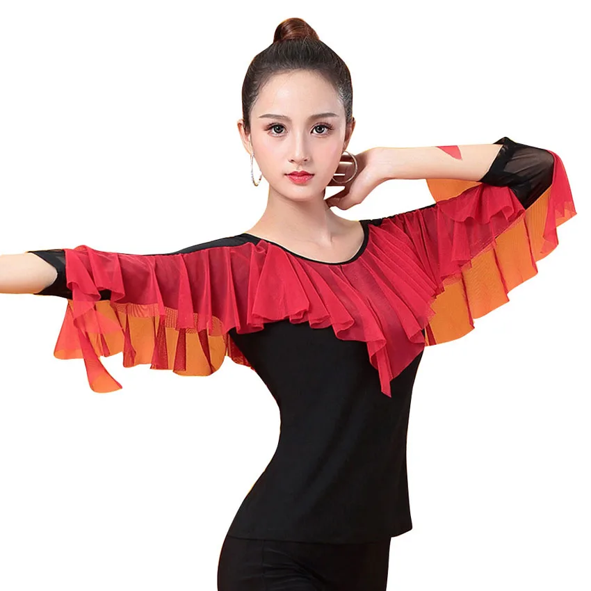 Бальных танцев топы с длинным рукавом Для женщин танцевальная футболка Латинская танцевальная одежда костюмы современный танец практика