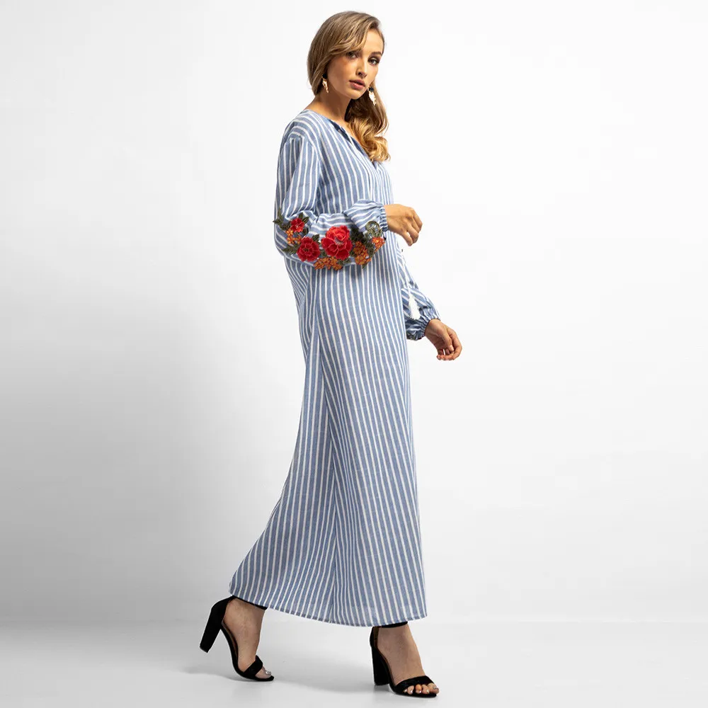 Embroidery Flower Dress Women Spring V-Neck Long Sleeve Casual Dresses Party Ladies Simple Striped Printed Maxi Long Dress #LH Embroidery Flower Dress Women Spring V-Neck Long Sleeve Casual Dresses Party Ladies Simple Striped Printed Maxi Long Dress #LH