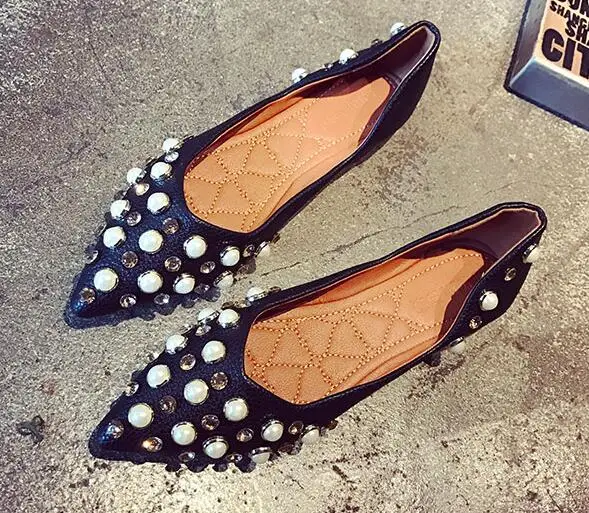Crystal pearls design flat shoes woman pointed toe shoes rhinestone