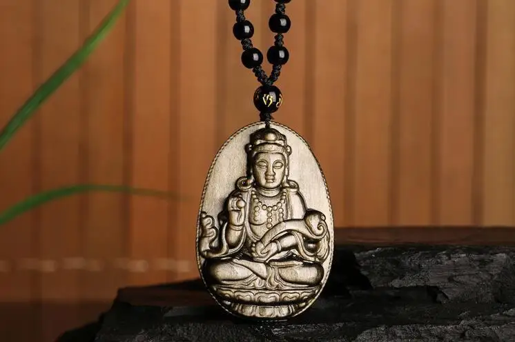 

100% Natural gold Obsidian Hand Carved Guanyin Bodhisa Lucky Pendant Necklace
