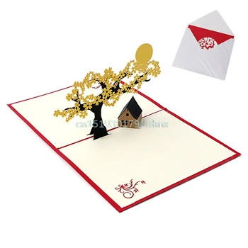 

3D Pop UP Holiday Greeting Cards Cherry Tree House Christmas Thanksgiving Gift