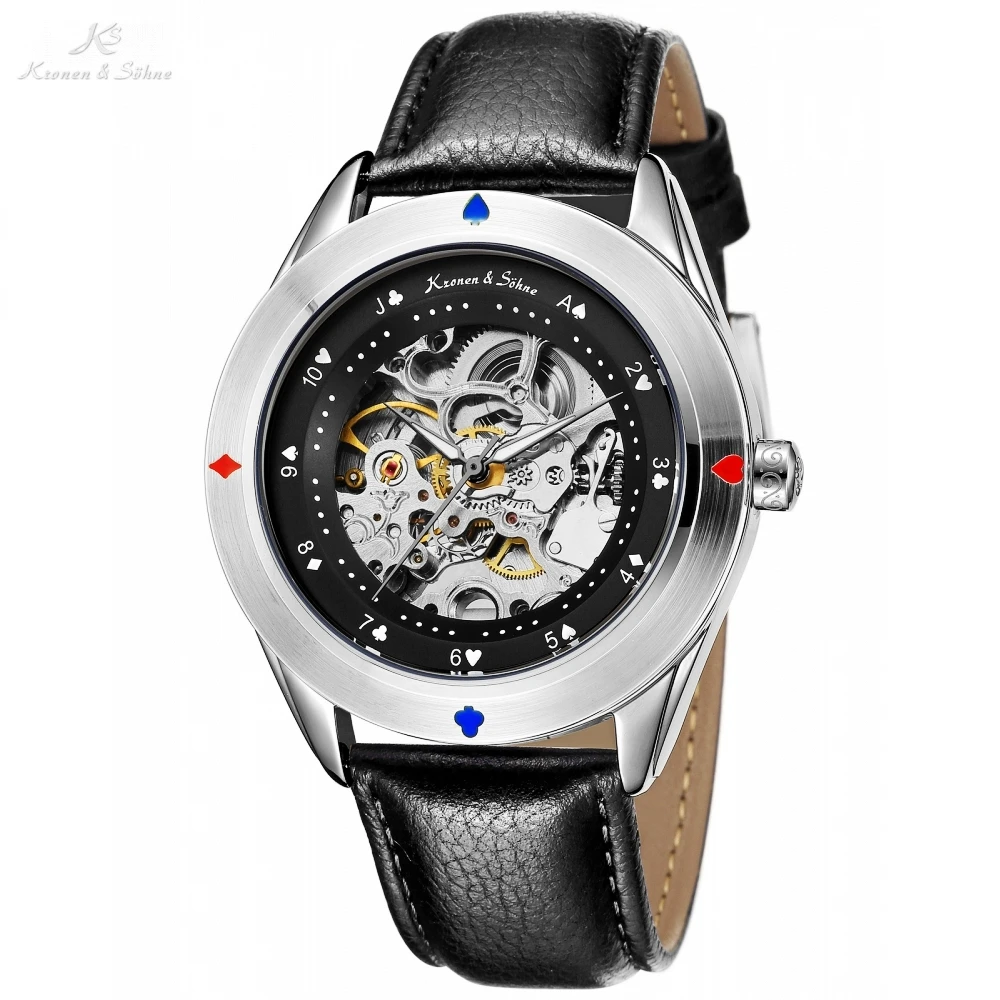 كانساس التلقائي الذاتي الرياح بوكر بطاقة الحافة الهيكل العظمي حركة الفضة حالة الذكور ساعة رجالية جلدية حزام الميكانيكية ووتش/ KS382