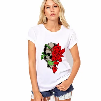 

Skull Rose Print T Shirt Women Short Sleeve O Neck Loose White Tshirt 2019 Summer Women Tee Shirt Tops Camisetas Mujer