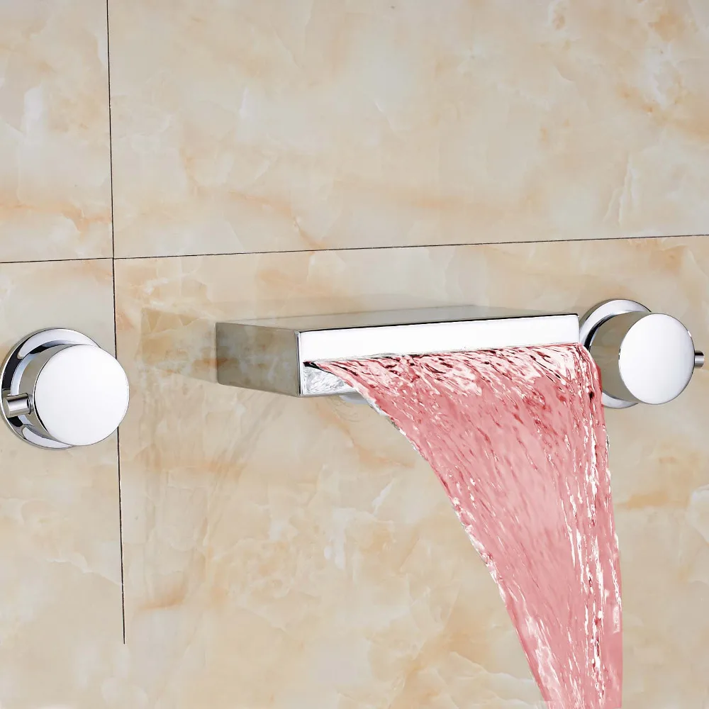 

Uythner Widespread LED Color Changing Waterfall Spout Dual Handles Basin Tub Faucet Square Spout Mixer Tap Faucet