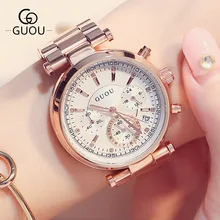Style three Eyes GUOU Rose Gold Metal Quartz Ladies Women Wristwatches Wrist Watch Bracelet /w Calendar Japan Movt