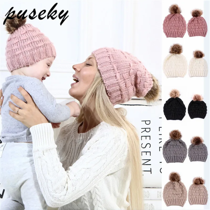 Puseky New Mom And Baby Winter Hat Kids Warm Raccoon Fur Bobble Beanie Cotton Knitted Kids gorro infanti Mommy Headwear Hat Caps Puseky New Mom And Baby Winter Hat Kids Warm Raccoon Fur Bobble Beanie Cotton Knitted Kids gorro infanti Mommy Headwear Hat Caps