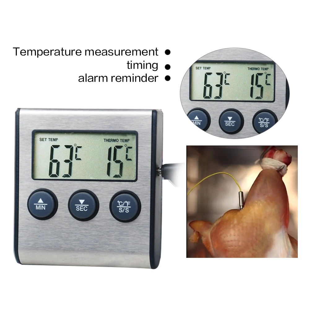 Цифровой термометр для духовки, Кухонный Термометр для приготовления пищи, мяса, ЖК-дисплей, часы с таймером и зондом из нержавеющей стали