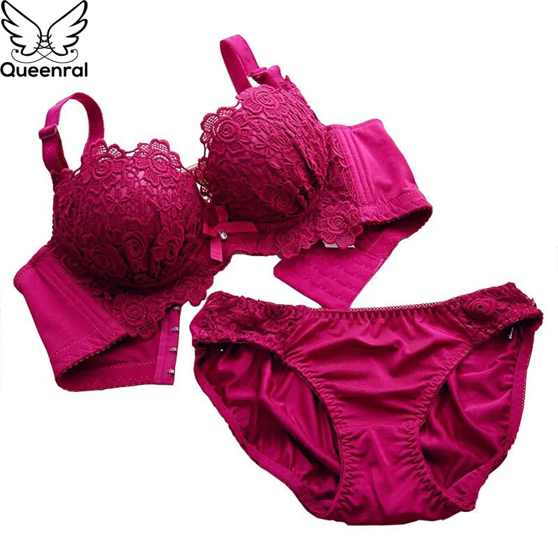Queenral Бюстгальтер Push Up для Для женщин нижнее белье кружева вышивка Bralette комплект