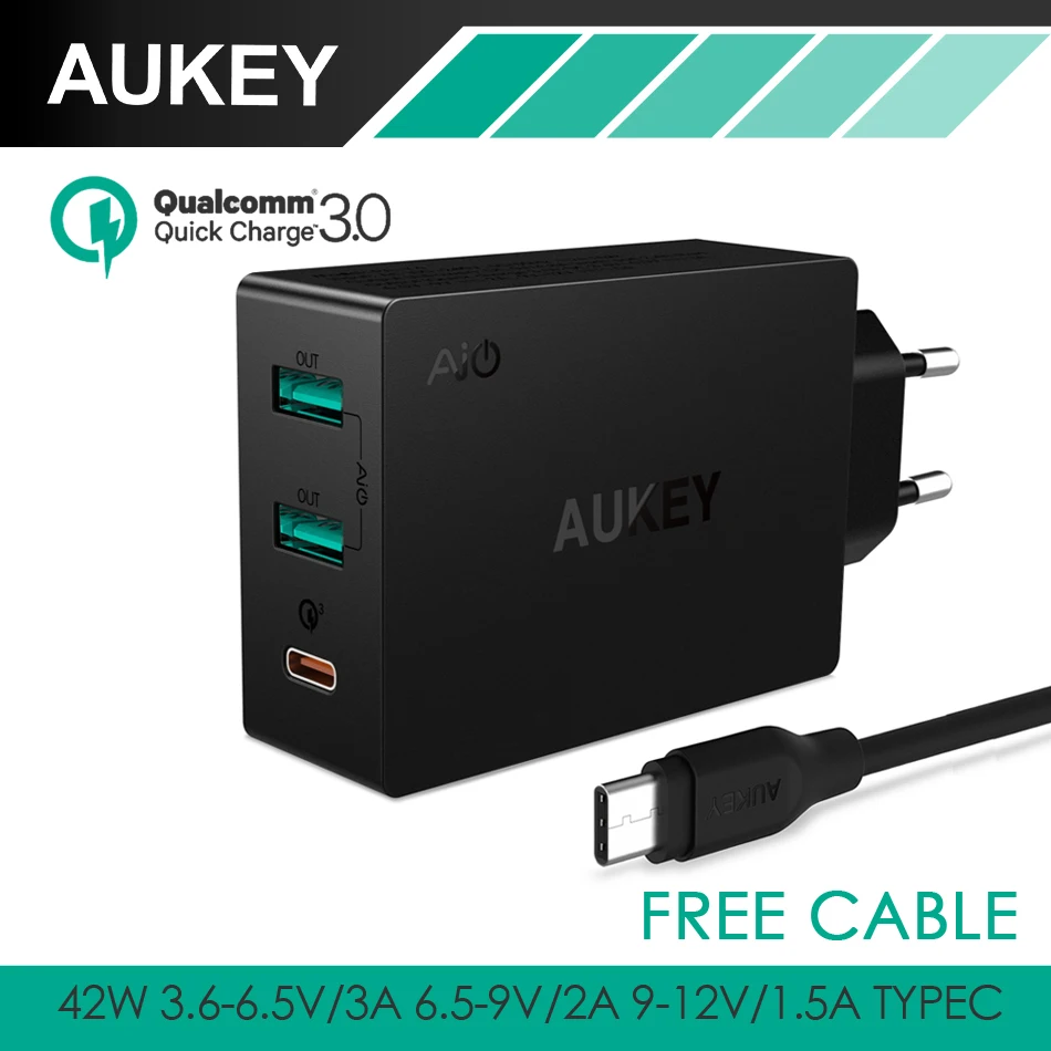  AUKEY USB C Quick Charge 3.0 & AiPower 3-Port Fast Usb Wall Charger For iPhone 7 Samsung LG G5,HTC 10,Nexus 6P&More Smart phone 