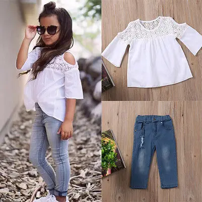 

Toddler Baby Kids Girls Clothes Sets Summer Lace Tops T-Shirt Short Sleeve Denim Jeans Pants Cute Outfits Clothing Set