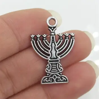 

BULK 30 Zinc Alloy Religious Star of David Menorah Lamp Charms Jewish Style Antique Tone DIY for Bracelet 17*25mm