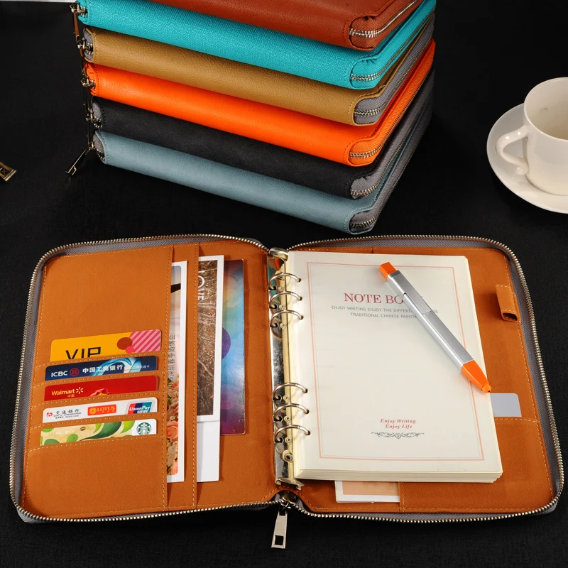 

A5 leather spiral notebook,Zipper binder agenda planner organizer,Macaron large capacity office padfolio document WJ-XXWJ444-