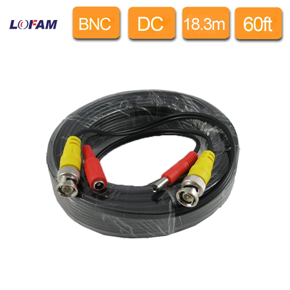LOFAM 18,3 м 60 футов CCTV кабель BNC& DC штекер видео кабель питания для проводной AHD камеры DVR Черный цвет коаксиальный кабель CCTV аксессуары
