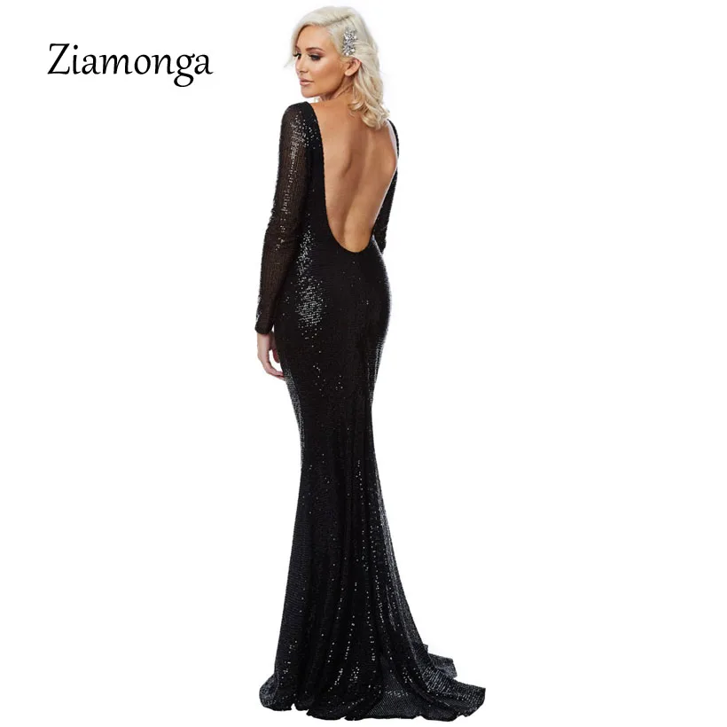 

Ziamonga Special Occasion Sequin Long Dress Sexy Backless Nightclub Evening Party Floor Length Long Sleeve Mermaid Maxi Dresses