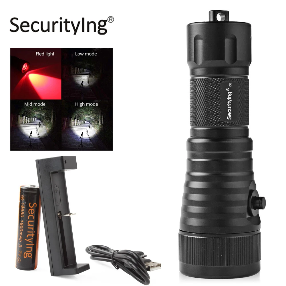 

SecurityIng XM-L2 U4 White + XPE R5 Red LED Flashlight Torch 18650 120 Degrees Angle Scuba Diving Photography Video Flash Light