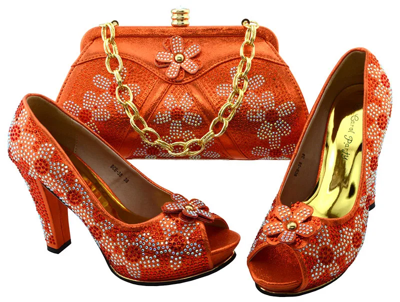 

Italy 2017 wedding orange color shoes and bag set elegant newest design SB8023shoes bag set with many stones for big party