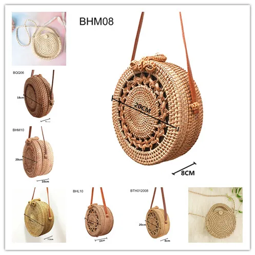 Women Handmade Straw Circle Bags Lady Beach Bag Big Summer Rattan Handbags Purse Khaki Handles Round Women