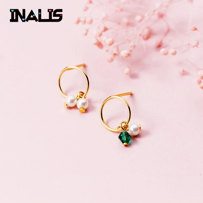 

INALIS New Fashion Ear Hoop S925 Sterling Silver Earrings with Green CZ Stone Sea Shell Pearl Brincos for Women Fine Jewelry