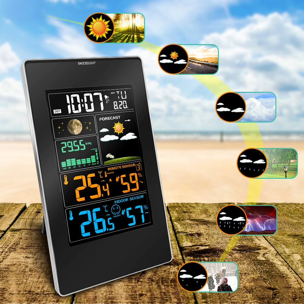 

Snooze Alarm Clock Wireles Weather Station Temperature Humidity LCD Display With Barometer Weather Forecast RCC Clock In/Outdoor