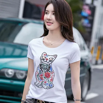 

Women's new T-shirt with hand-stitched pin-cat pattern and diamond-encrusted short sleeves