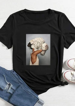 

Flower Girl of Amy Art T-Shirt Feathers Women Black White T-Shirt Lady Cotton O-Neck Soft Tops Summer Aesthetic Casual Tees