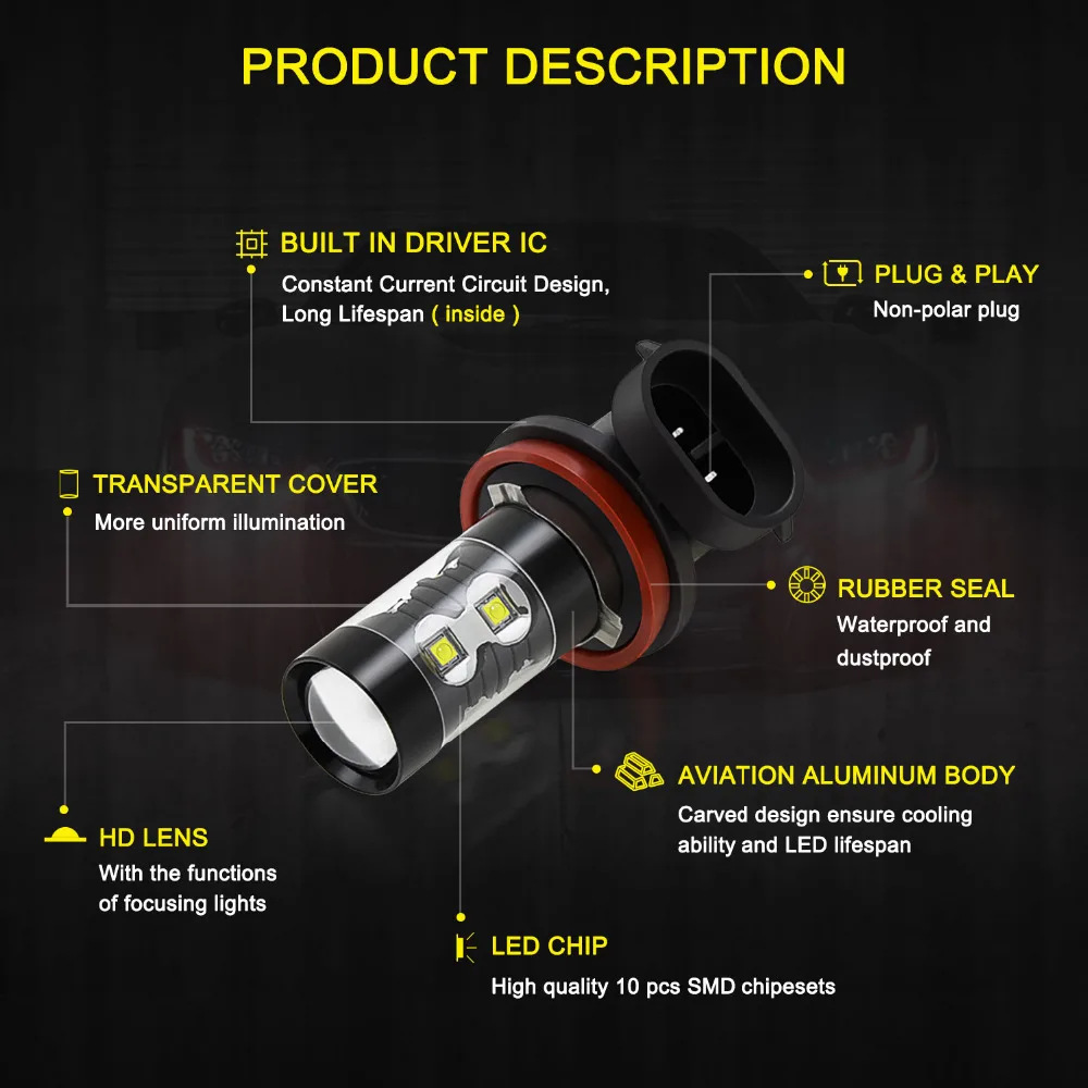 Car Fog Light H11 H8 H9 H3 H7 H1 White 50W LED Bulb DRL Auto Lamp For Audi A3 A4 B6 B7 B8 A5 A6 C5 C6 C7 Q3 Q5 Q7 TT 100 S3 S4