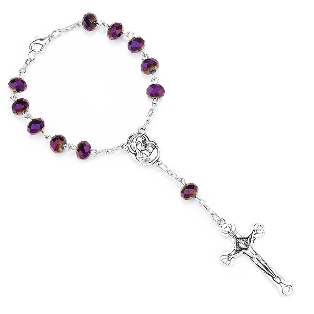 

New Design Purple Glass Beasd Virgin Mary Catholic Bracelet INRI Cross Pendant Catholic Rosary Bracelet Women Jewelry Wholesale