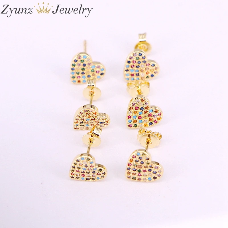 6Pairs, Rainbow Stud Earring Pretty CZ Crystal delicate earring Multi Zirconia heart Shaped colorful cz paved earring studs