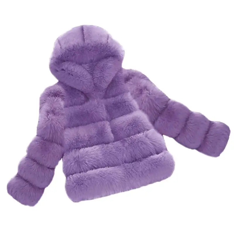 Fashion S-3XL Winter Luxury Faux Fox Fur Coat Slim Pink Purple Faux Fur Jacket Women Fake Fur Coats With Hat manteau fourrure