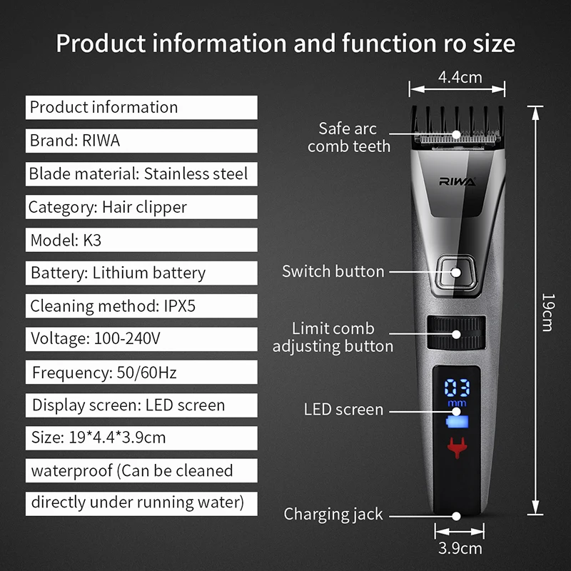Riwa K3 100-240V Rechargable Hair Clipper Men LCD Dispaly Electric Hair Cutting Nose Ear Trimmer Shaver Machine Cutter Hair