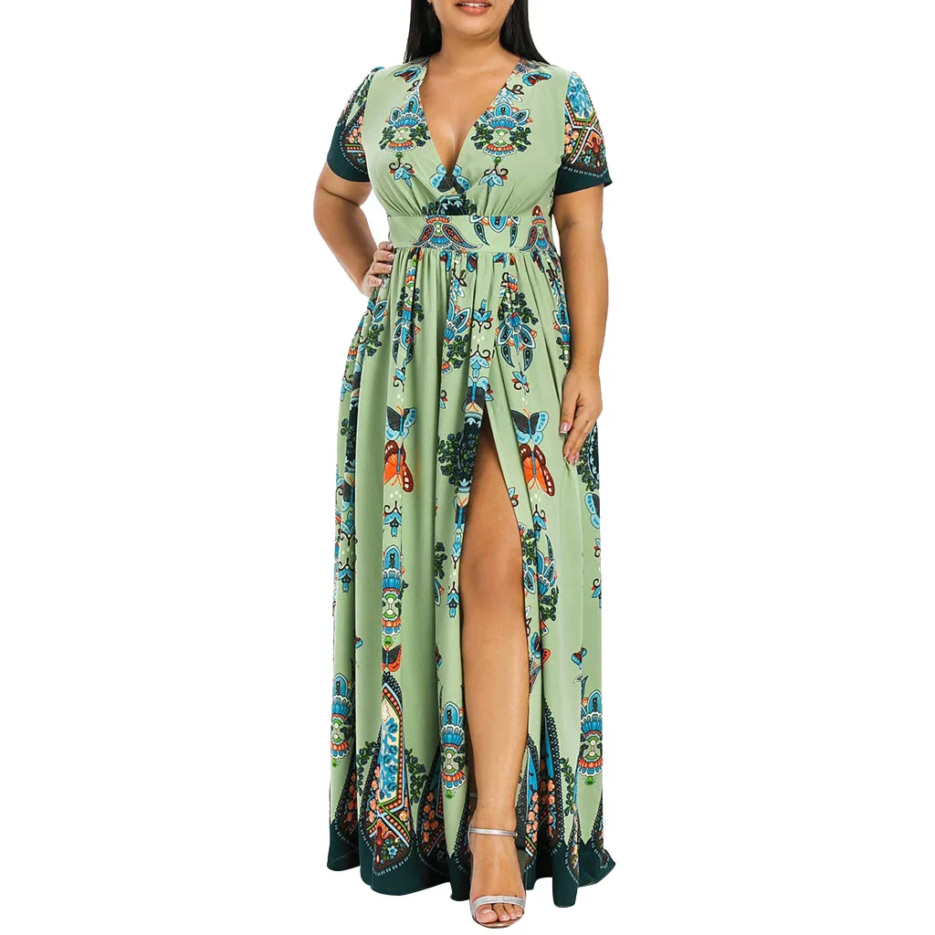 Платья размера плюс для женщин 4Xl 5Xl модное женское платье с принтом бабочки с сексуальным v-образным вырезом с разрезом с коротким рукавом повседневное длинное пляжное платье# B