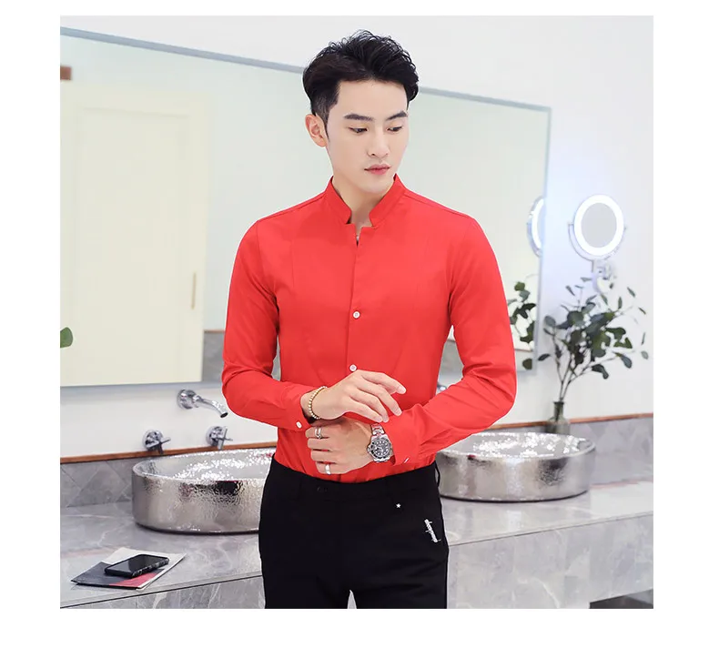 Тонкие Дизайнерские мужские рубашки с длинным рукавом черные красные белые рубашки мужские Азиатские размеры S-5XL мужские рубашки с воротником-стойкой