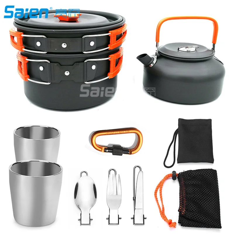 

10pcs Camping Cookware Mess Kit, Lightweight Pot Pan Kettle with 2 Cups, Fork Knife Spoon Kit for Backpacking, Outdoor Camping