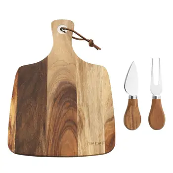 Hecef Cheese Board 3PCS Set, Acacia Wood Cheese Plate & Cheese Knife & Cheese Fork фото