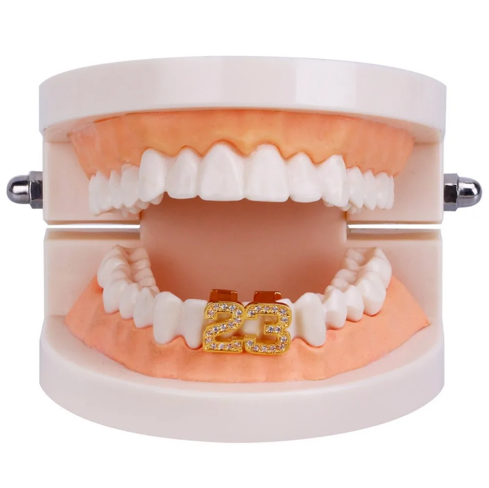 В стиле «хип-хоп» Micro Pave CZ Циркон Bling льдом номер 23 один зубы grillz Gold серебро зубные насадки для Для мужчин Мужской панк ювелирные изделия