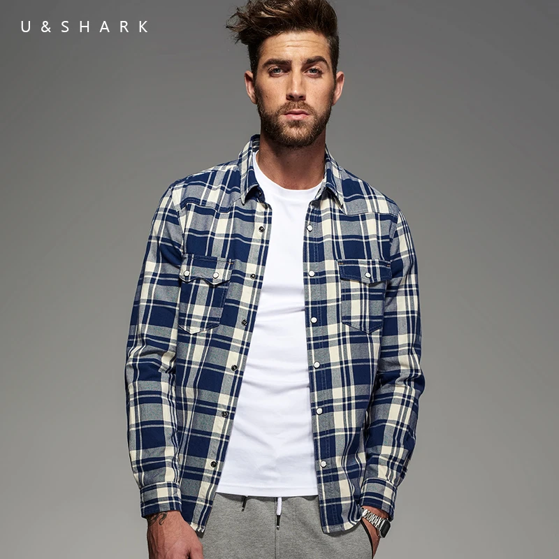 Camisa a cuadros azul U & SHARK para primavera y otoño, camisa informal de  manga larga para hombre, 100% de algodón Camisa de franela, camisa Social  ajustada a la moda para hombre|Camisas