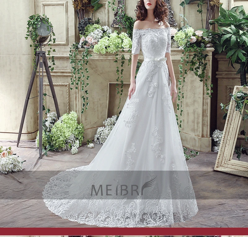 Long Wedding Dress Boat Neck Half Sleeves A Line Appliques Tulle Lace Chapel Train Wedding Gowns ezkontza soinekoa