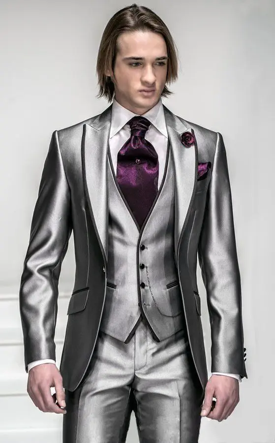 Custom Men 3Pcs Gray Groom Tuxedos Business Suit Classic Dinner Wedding Suit 